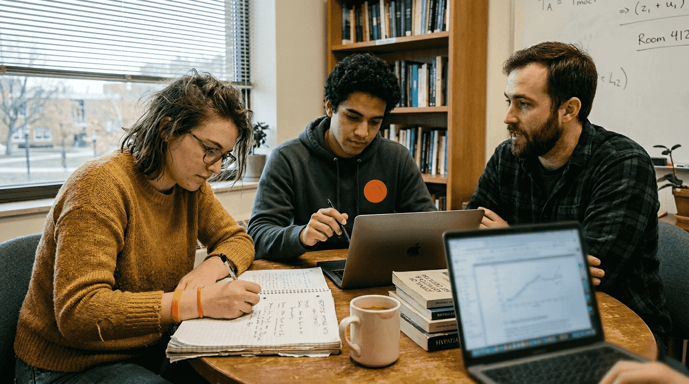 Graduate students discussing aesthetics methods