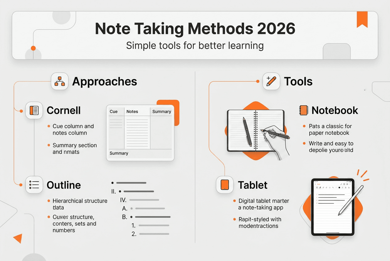 Infographic summarizing note taking methods and tools