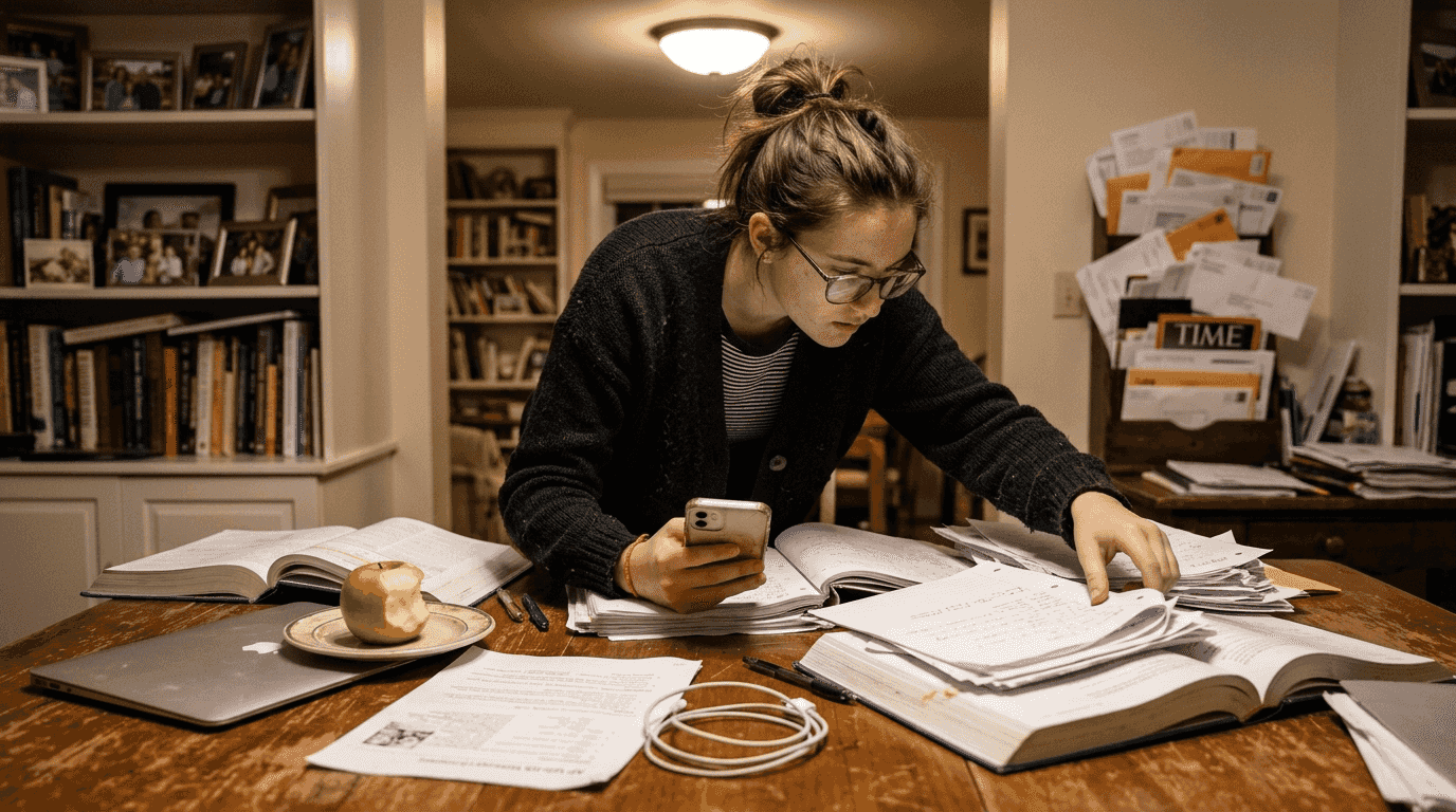 Cluttered desk showing poor note organization