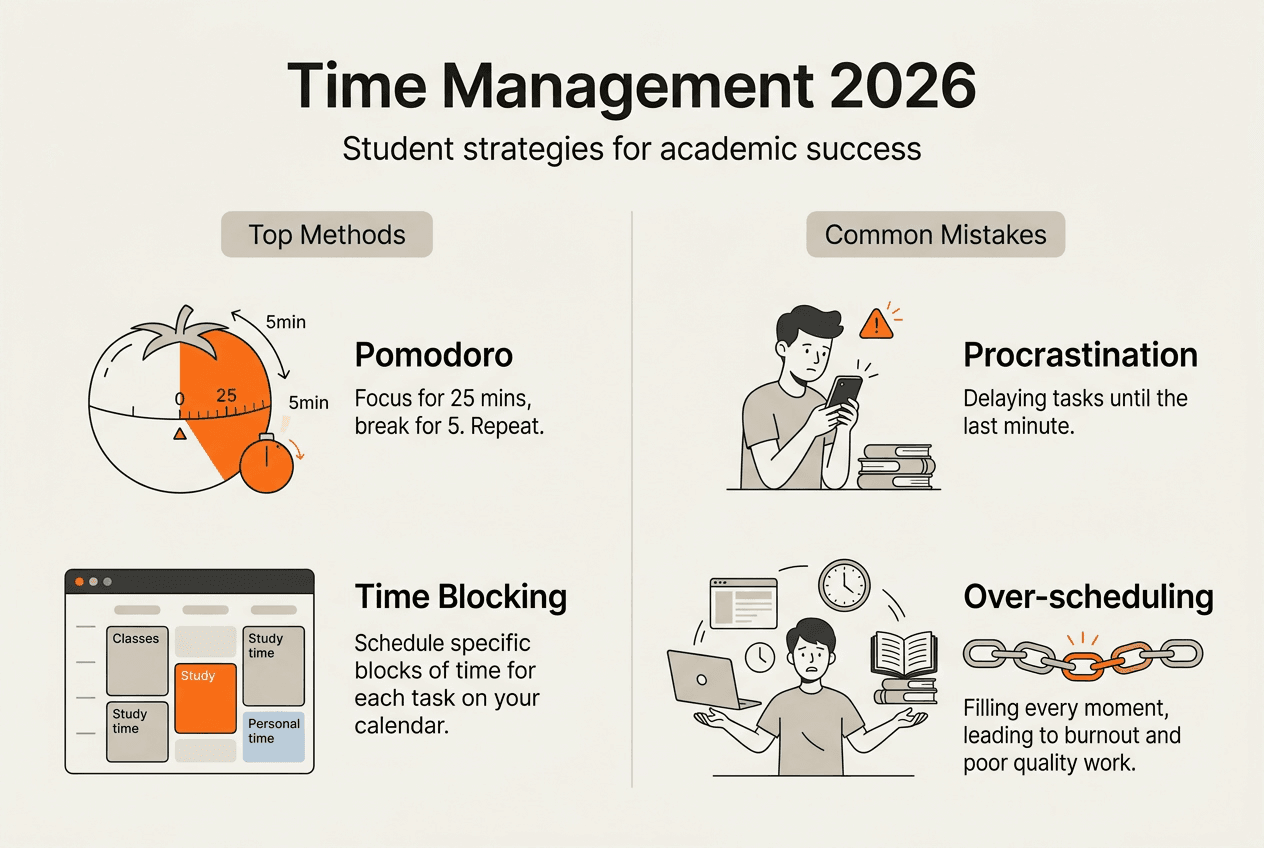 Infographic of top time management methods and pitfalls