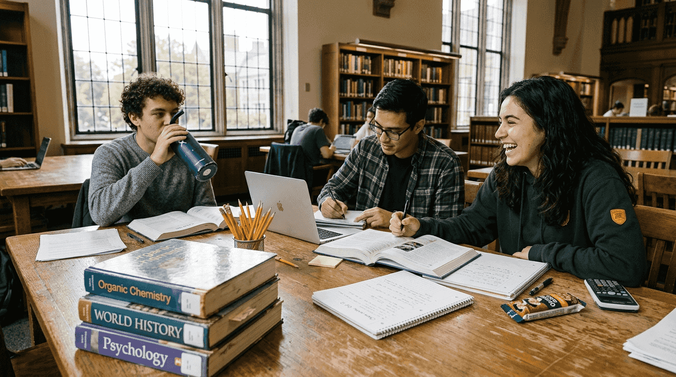Students collaborating at messy library table
