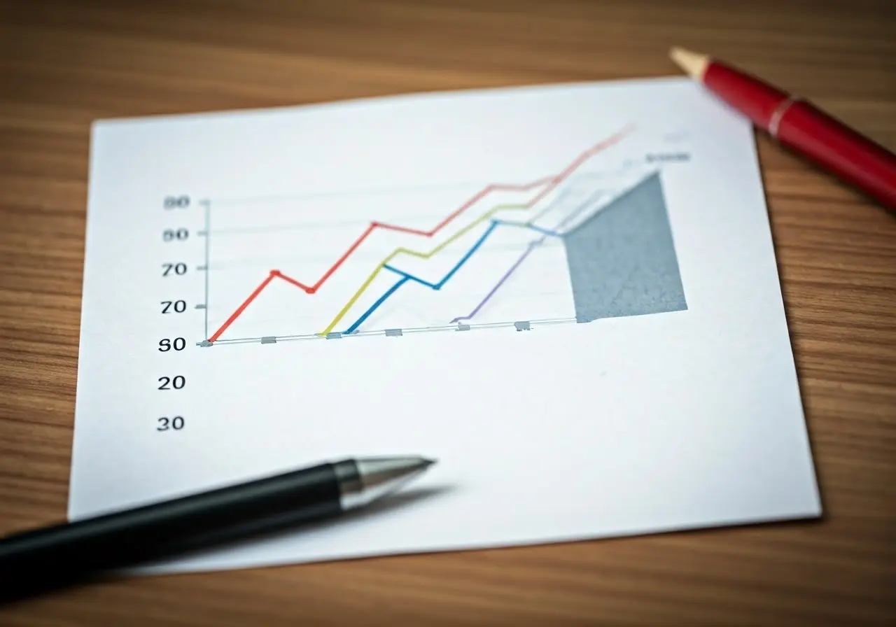 A close-up of a paper with a multicolored line graph showing data trends, placed on a wooden desk. A black pen and a red pen lie nearby, with part of a pencil barely visible in the corner.