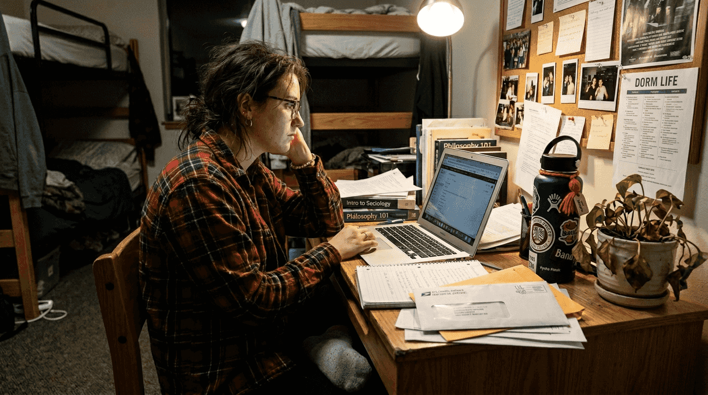 Unfocused student at messy dorm room desk