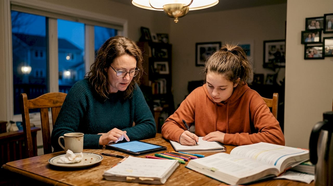 Parent and teen study together at table