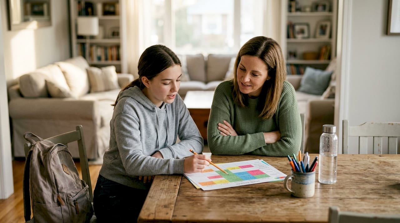 Mother and daughter revising study schedule together