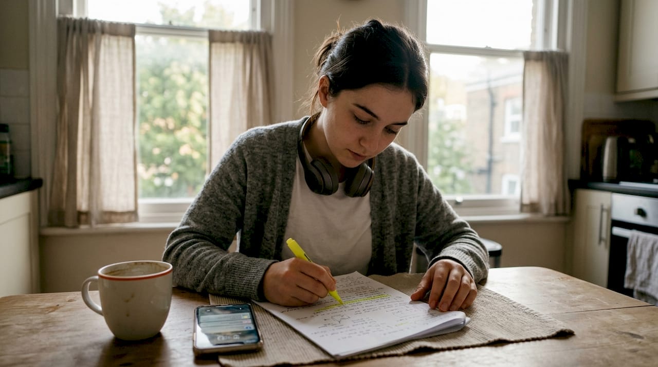 Student actively reviewing handwritten notes at table
