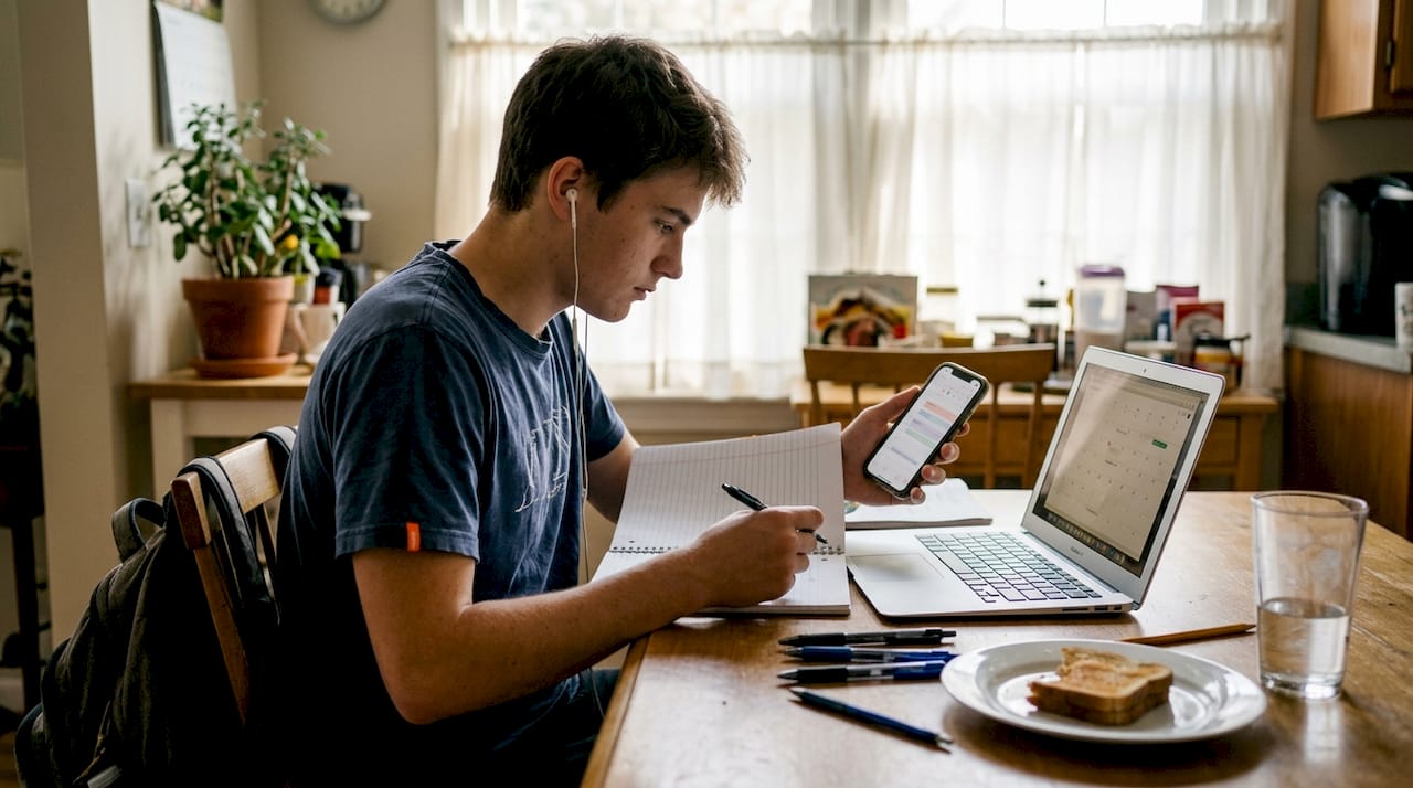 Student setting up kitchen study workspace