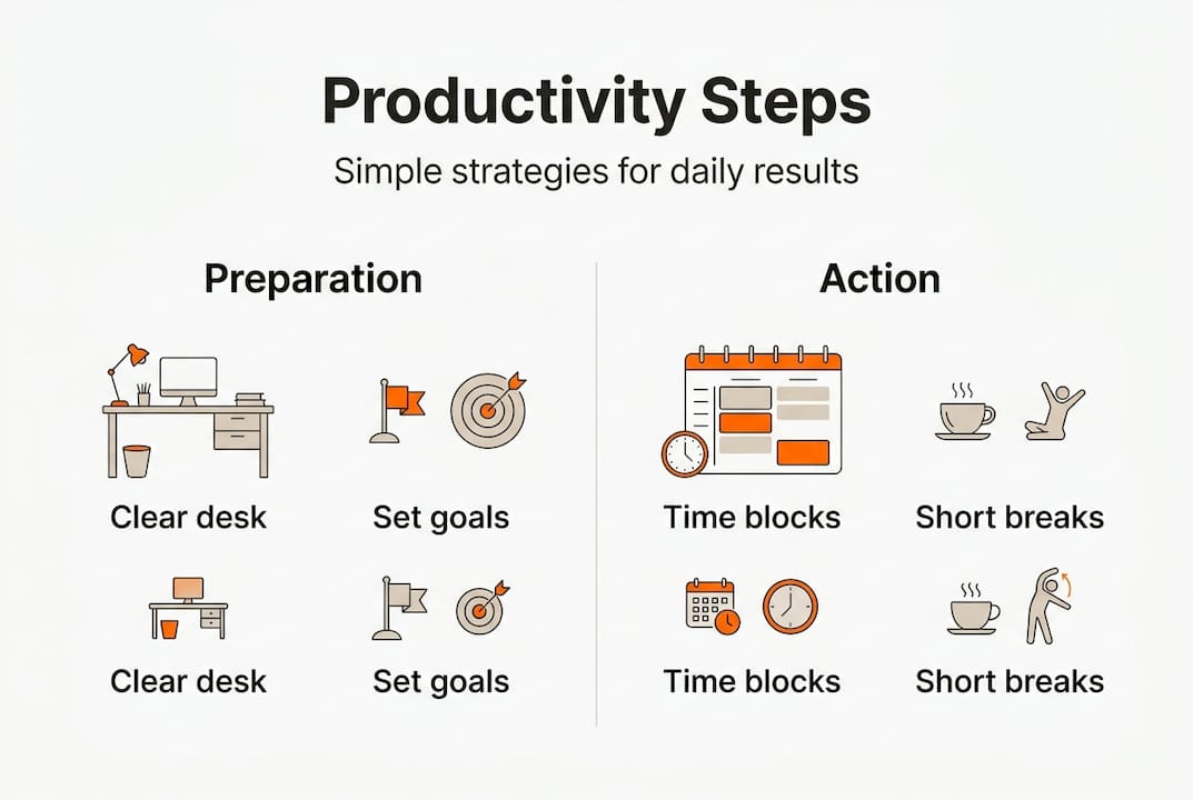 Infographic of daily productivity strategies overview