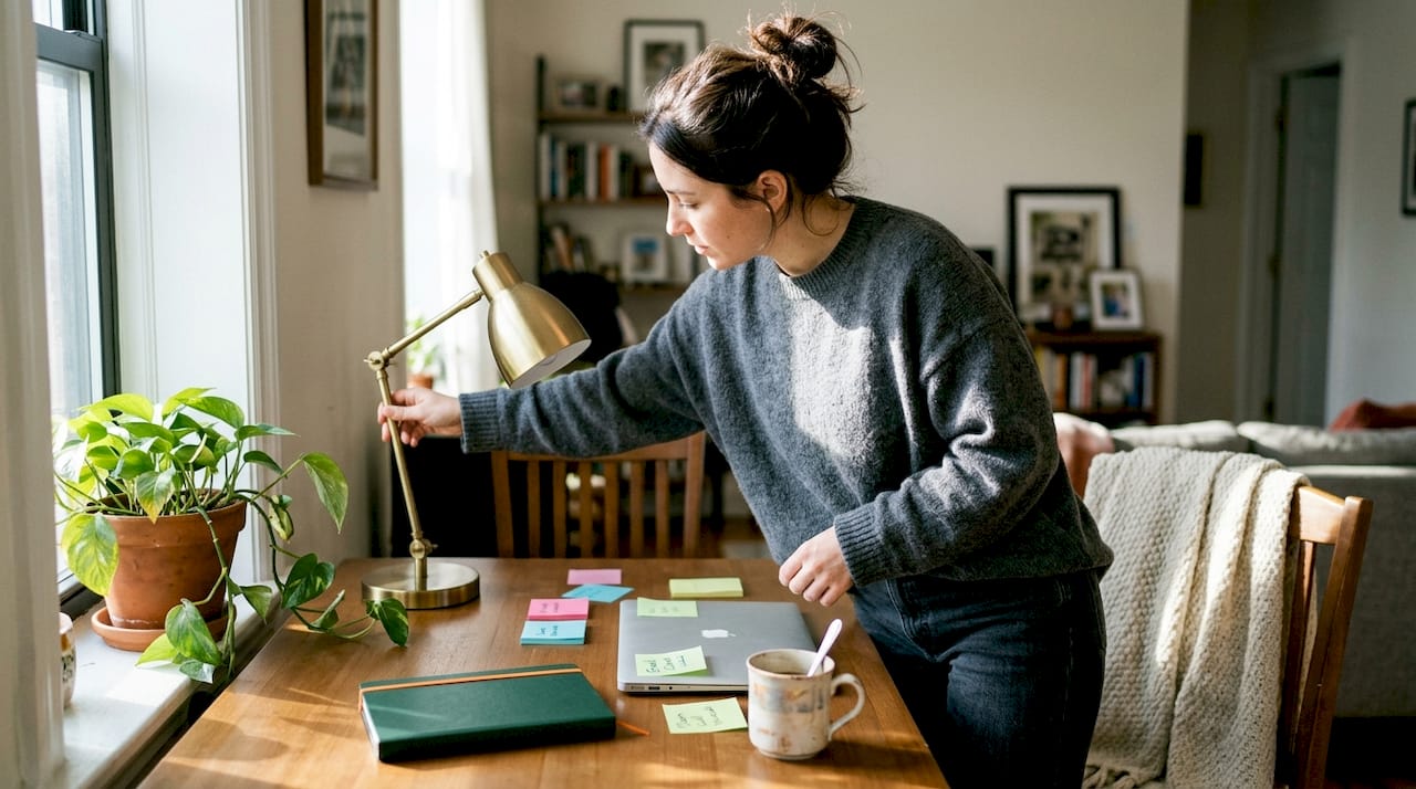 Woman arranging comfortable, organized home workspace