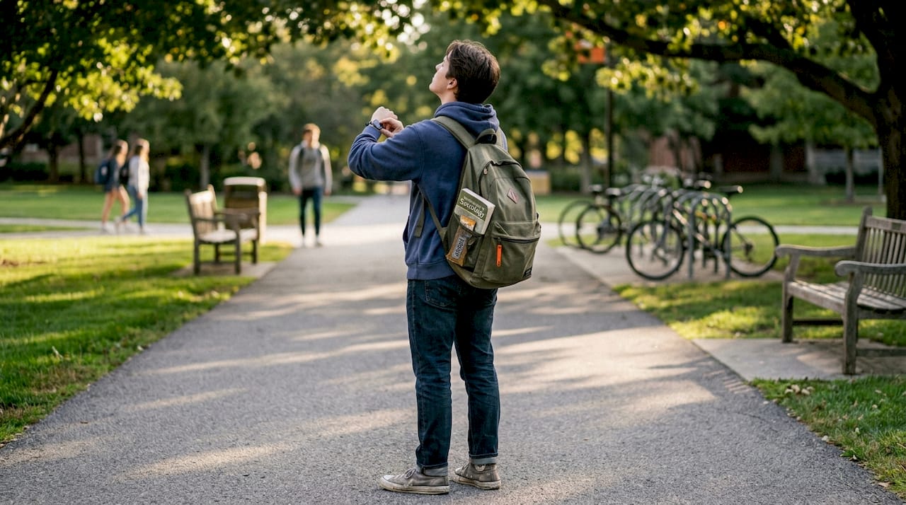 Student walking mindfully on campus path