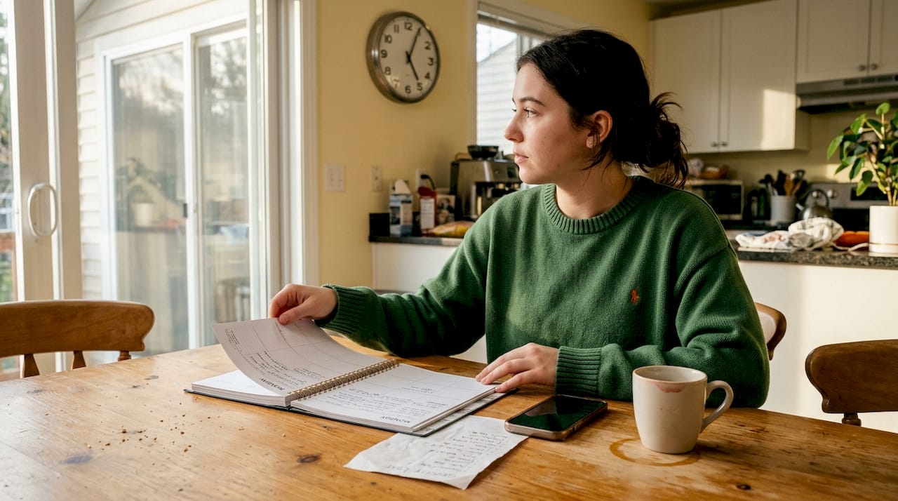 Person using planner at kitchen table