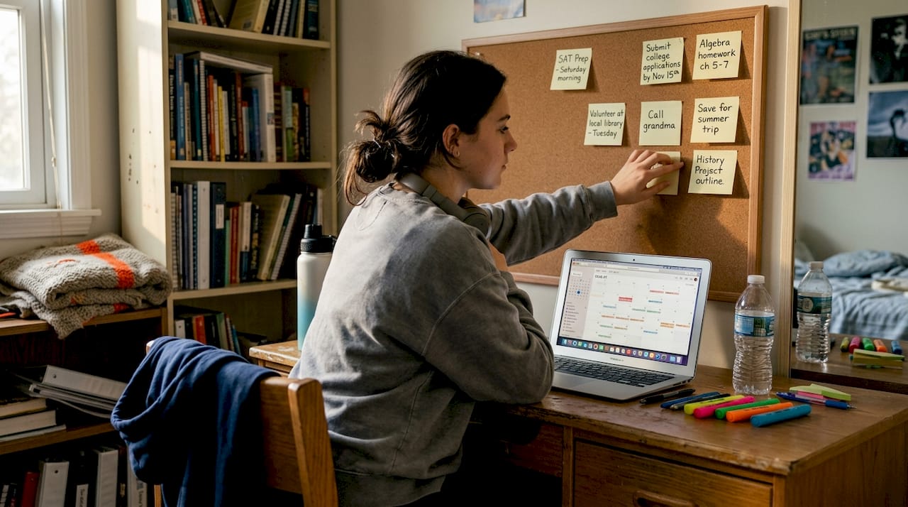 Teen organizing sticky note goals on desk