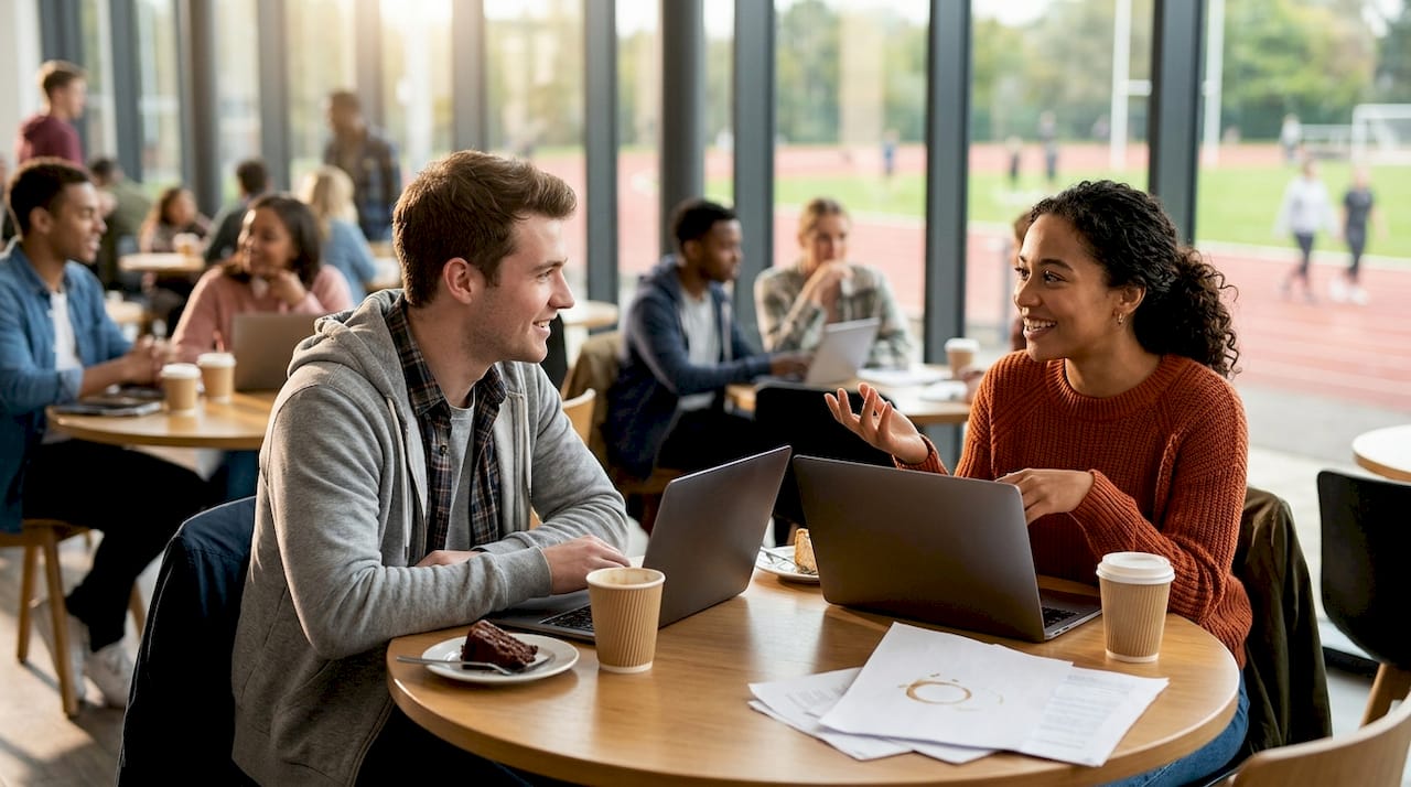 Students talking over coffee in busy campus café