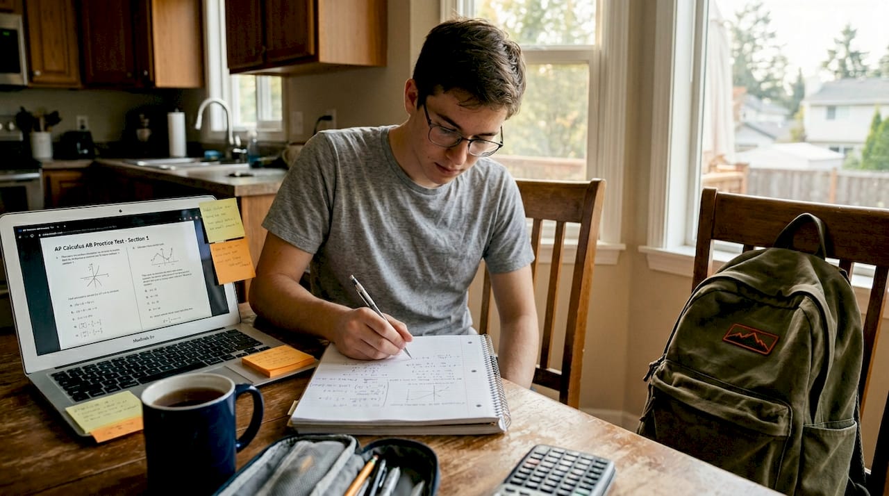 Student studying math notes at kitchen table