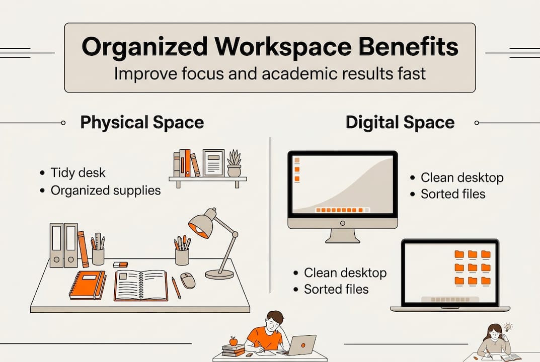 Organized workspace physical and digital benefits infographic