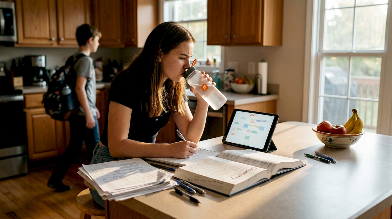 Teen studying with weekly planner at kitchen