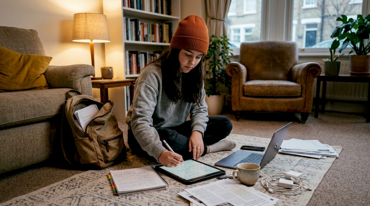 Student uses both digital and paper notes