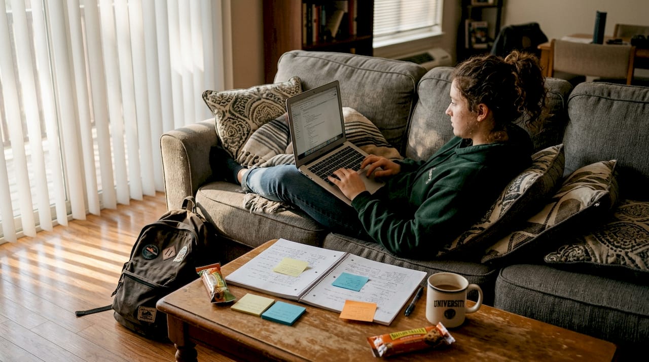 Student organizing digital notes on couch