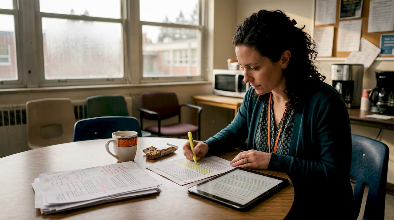 Teacher annotating article in faculty lounge