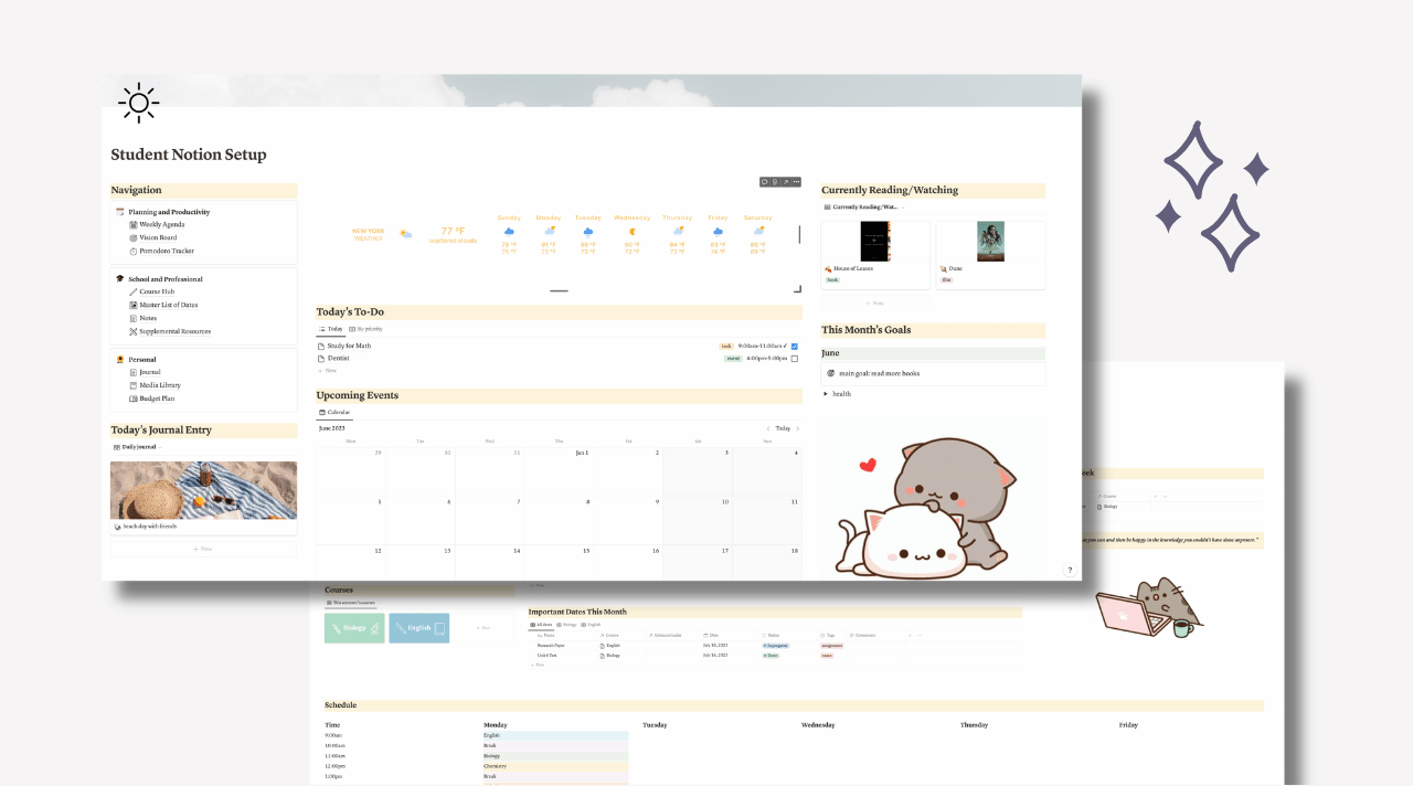 A digital student dashboard with to-do lists, goals, calendar, weather, reading list, and cute cat illustrations on a beige background. A star icon is on the right. A blurred version of the dashboard is in the background.