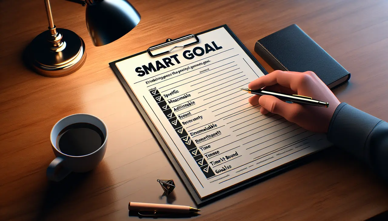 A person holding a pen writes on a clipboard labeled SMART GOAL with a checklist. The desk has a lamp, a closed notebook, a cup of coffee, and a pen. The scene is warmly lit and organized.