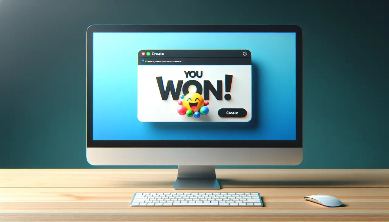 A desktop computer displays a window with the text YOU WON! and a smiling emoji, sitting on a wooden desk with a keyboard and mouse.
