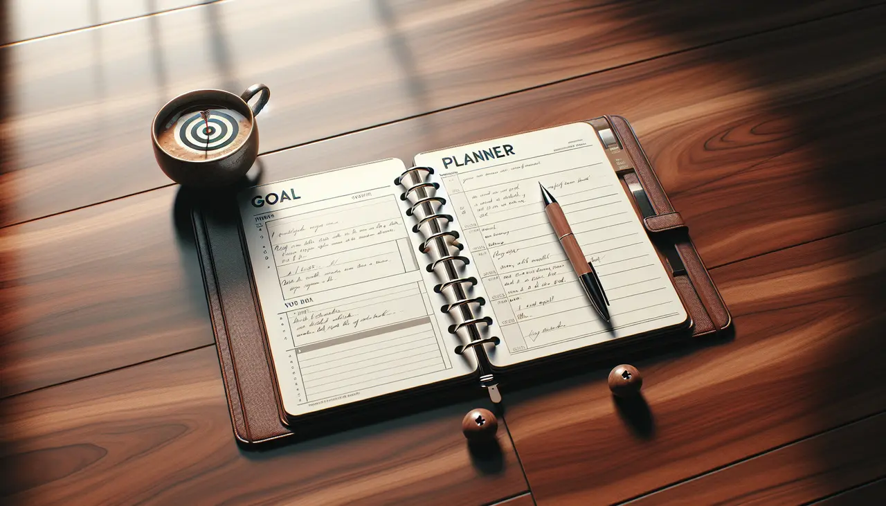 Open planner with Goal and Planner pages, a pen, and two small beads on a wooden table. A coffee cup with a latte art design sits nearby in soft sunlight.