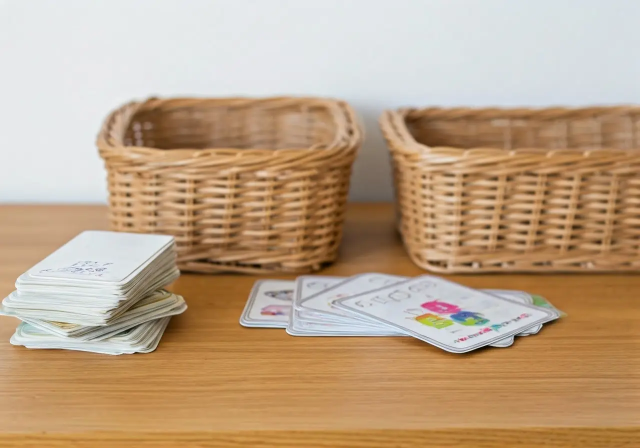 Two empty wicker baskets sit on a wooden surface next to two stacks of cards, some neatly piled and others spread out, against a plain white background.