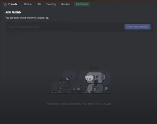 A Discord screen shows the Add Friend tab, with a prompt to add a friend by their Discord tag. Cartoon mascots sit together at the bottom, and the page background is dark.