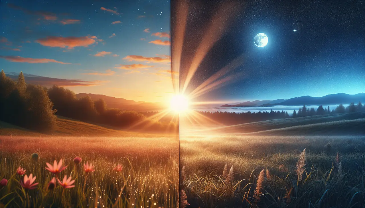 A scenic field is split in half, showing day on the left with sunlight, flowers, and blue sky, and night on the right with moonlight, stars, and cool tones. The sun and moon face each other at the center.