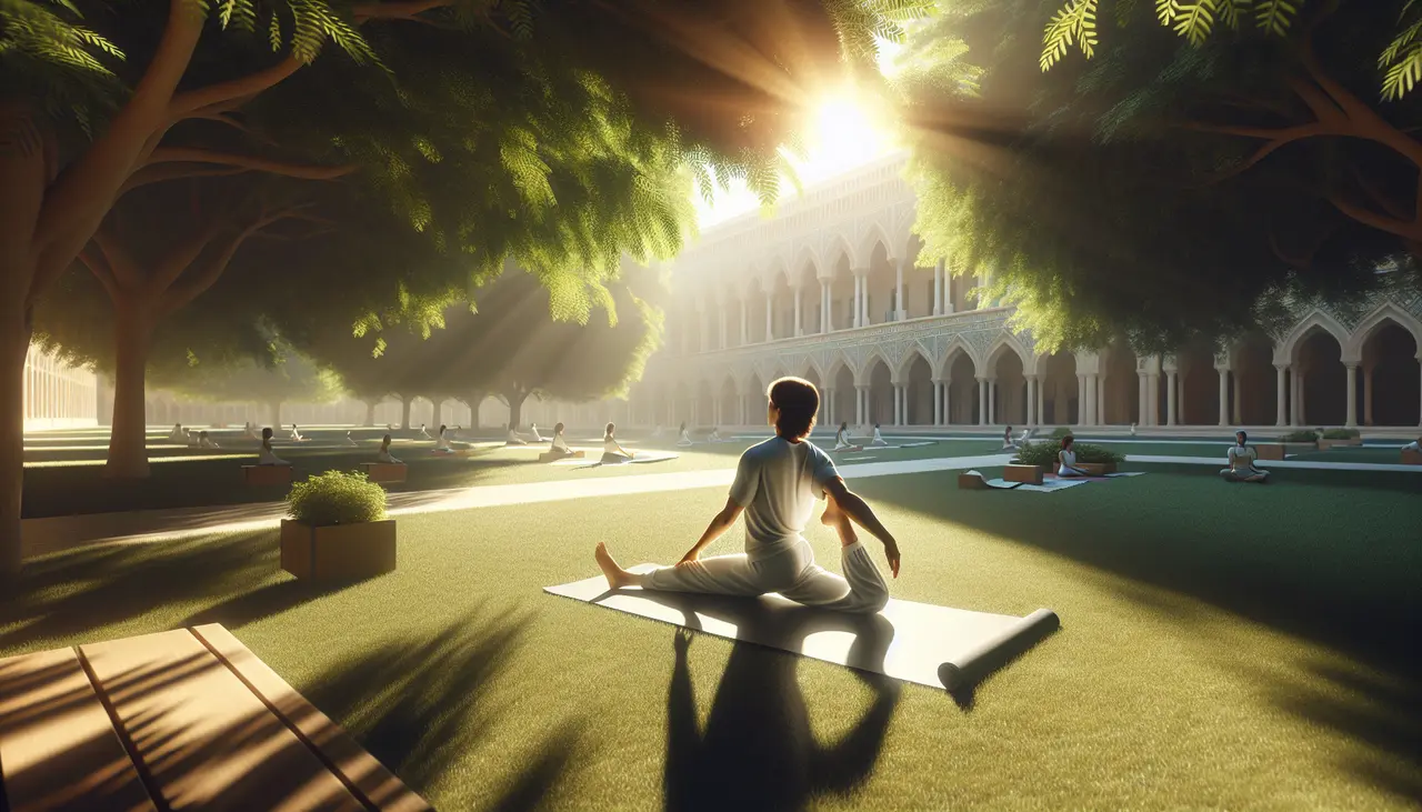 A person sits on a yoga mat in a sunlit courtyard surrounded by arches and trees, practicing yoga as sunlight streams through the leaves. Other people do yoga in the background on the grass.