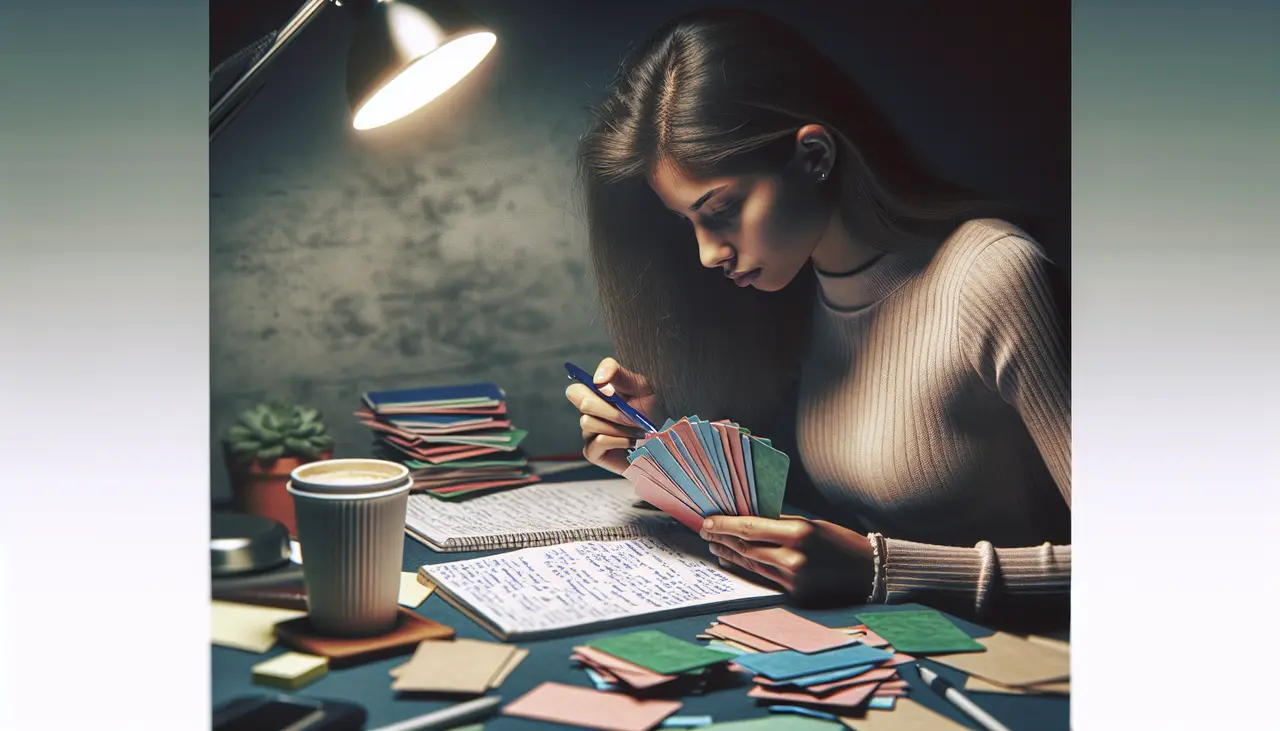 A woman studies at a desk under a lamp, holding colorful flashcards. Her desk is cluttered with flashcards, a notebook filled with handwritten notes, a coffee cup, and a small potted plant. The scene looks focused and studious.