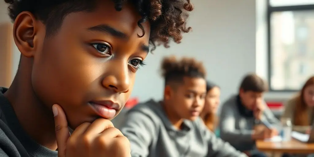 A thoughtful boy rests his chin on his hand in a classroom, with other students sitting and working in the background.