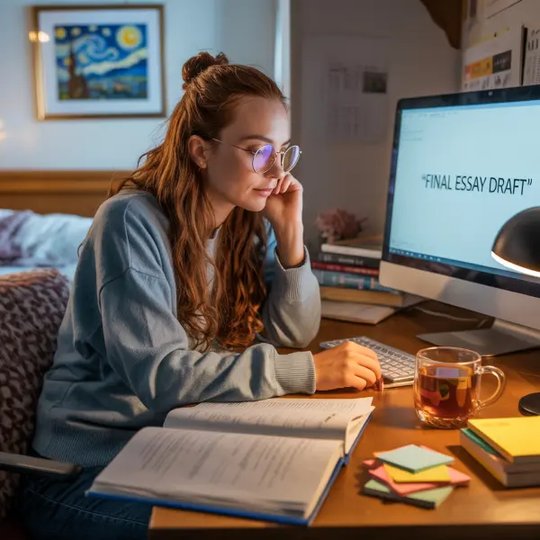 A young woman with glasses types on a computer labeled “FINAL ESSAY DRAFT.” She sits at a desk with books, a mug, notes, and a lamp. A starry night painting hangs on the wall behind her.