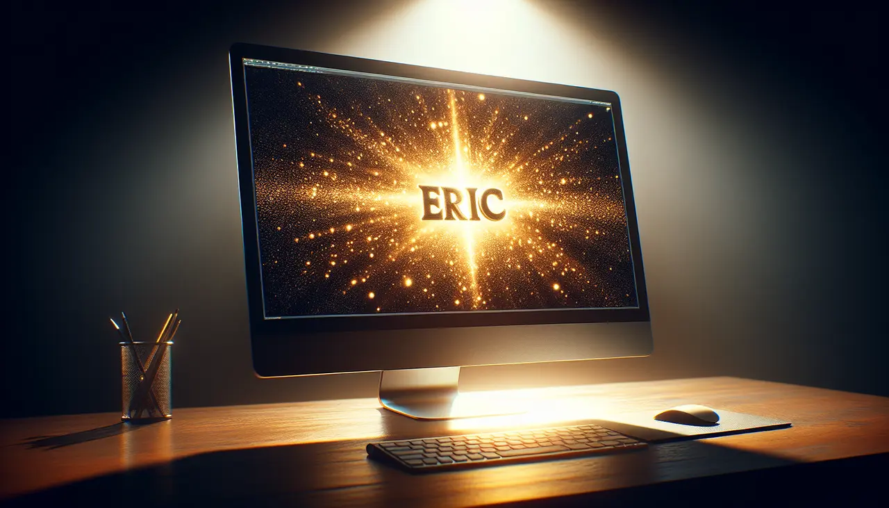 A desktop computer on a wooden desk displays the word ERIC surrounded by glowing golden lights. A keyboard, mouse, and a cup with pencils sit nearby, illuminated by a spotlight.