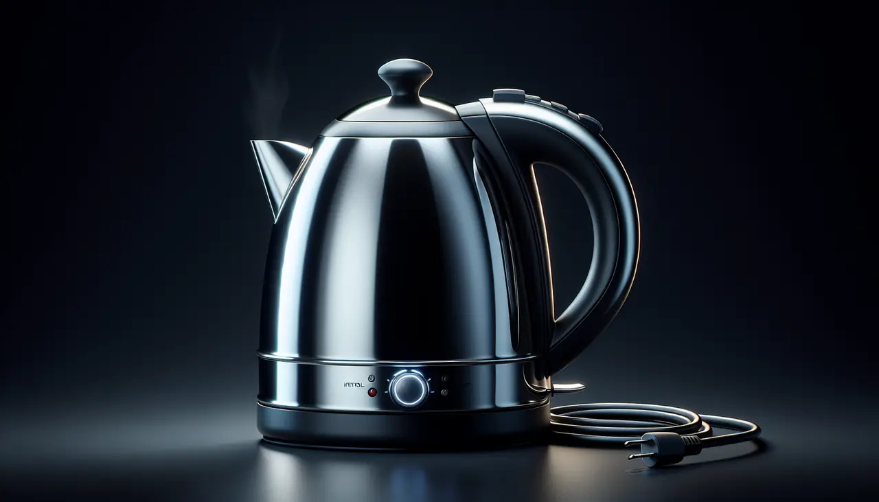 A stainless steel electric kettle with a handle, lid, and power cord sits on a dark surface. Steam rises from the spout, and indicator lights are visible on the base. The background is dark and softly lit.