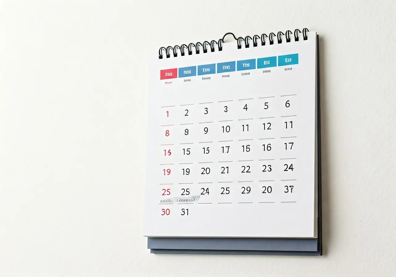 A wall calendar with a spiral binding, displaying days in rows and weeks in columns. The days are numbered from 1 to 31, with Sunday highlighted in red. The background is plain white.
