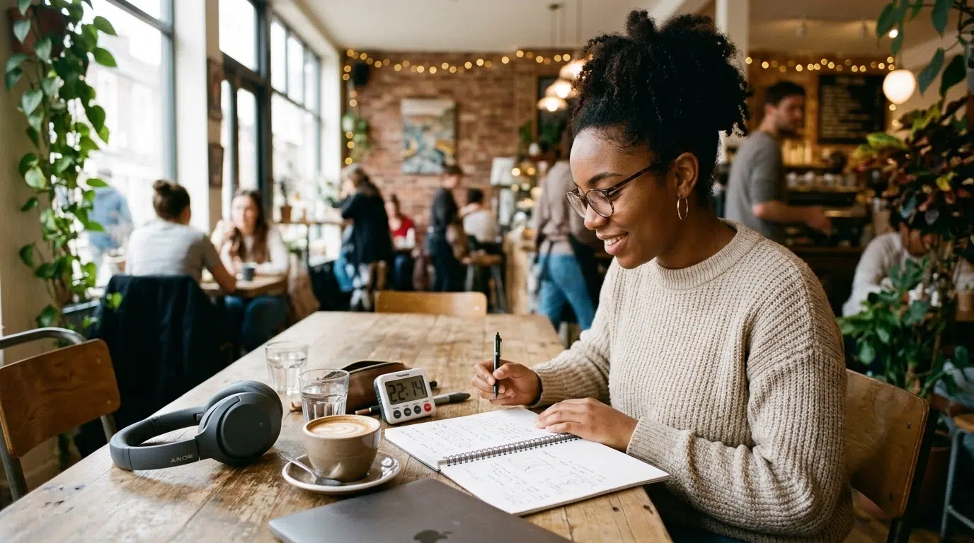 Diverse student studying with a Pomodoro timer in a cozy cafe with notebook and headphones nearby