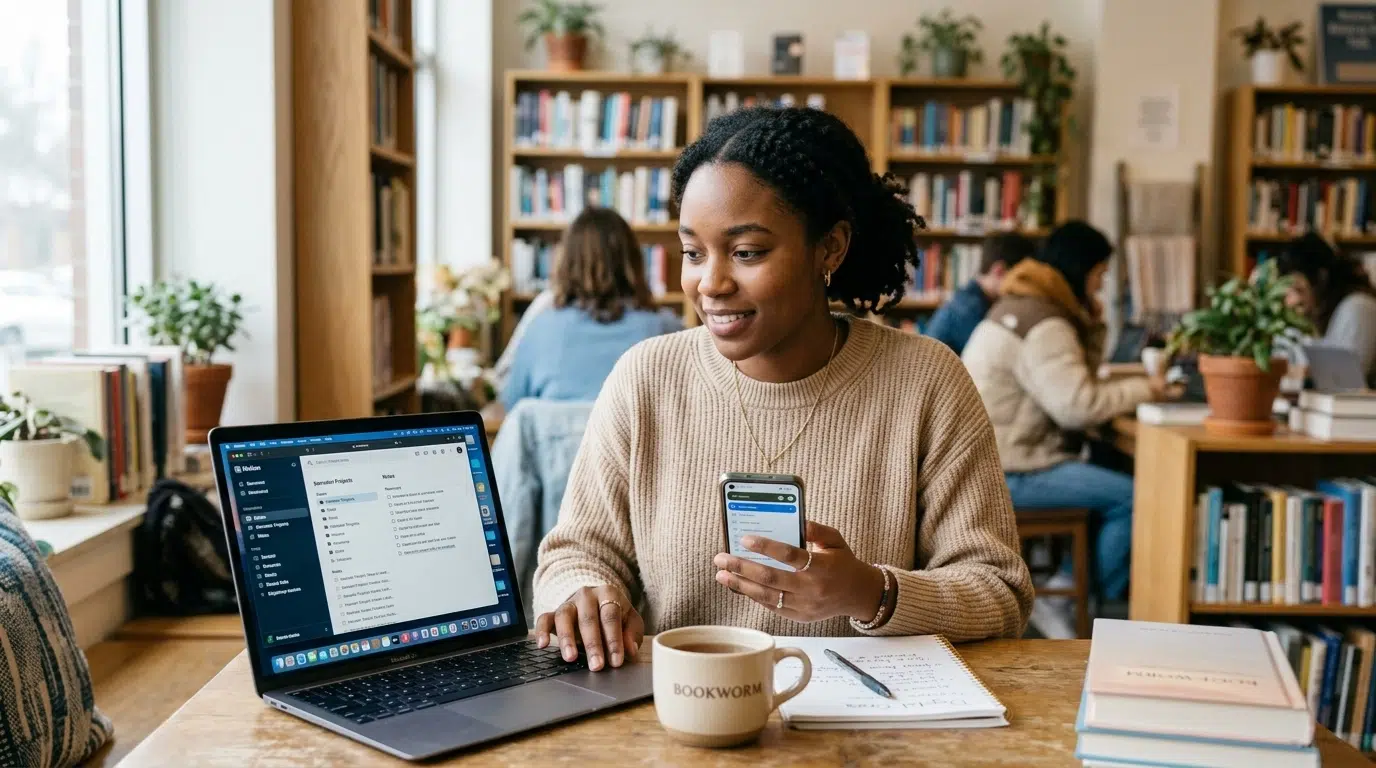 Diverse college student organizing their digital workspace with a laptop and phone in a cozy library