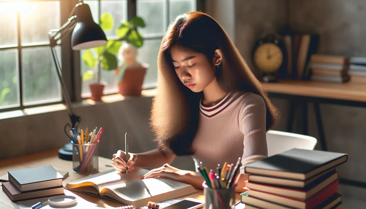 A young woman with long hair studies at a desk, writing in a notebook. Books, pencils, and plants are on the desk, and sunlight streams through a window in the background.