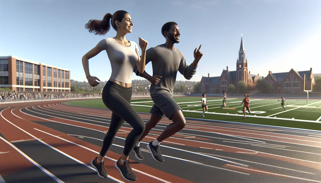 Two people jog and smile together on an outdoor track with several runners in the background. A large building and a church are visible under a clear sky.