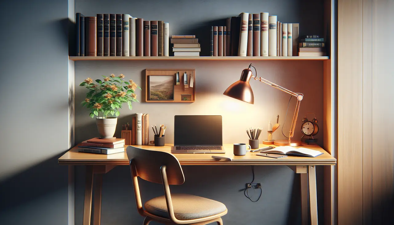 A cozy desk setup with a laptop, books, a potted plant, a lamp, coffee cup, clock, and shelves of books on the wall. Warm lighting creates a comfortable and organized workspace atmosphere.