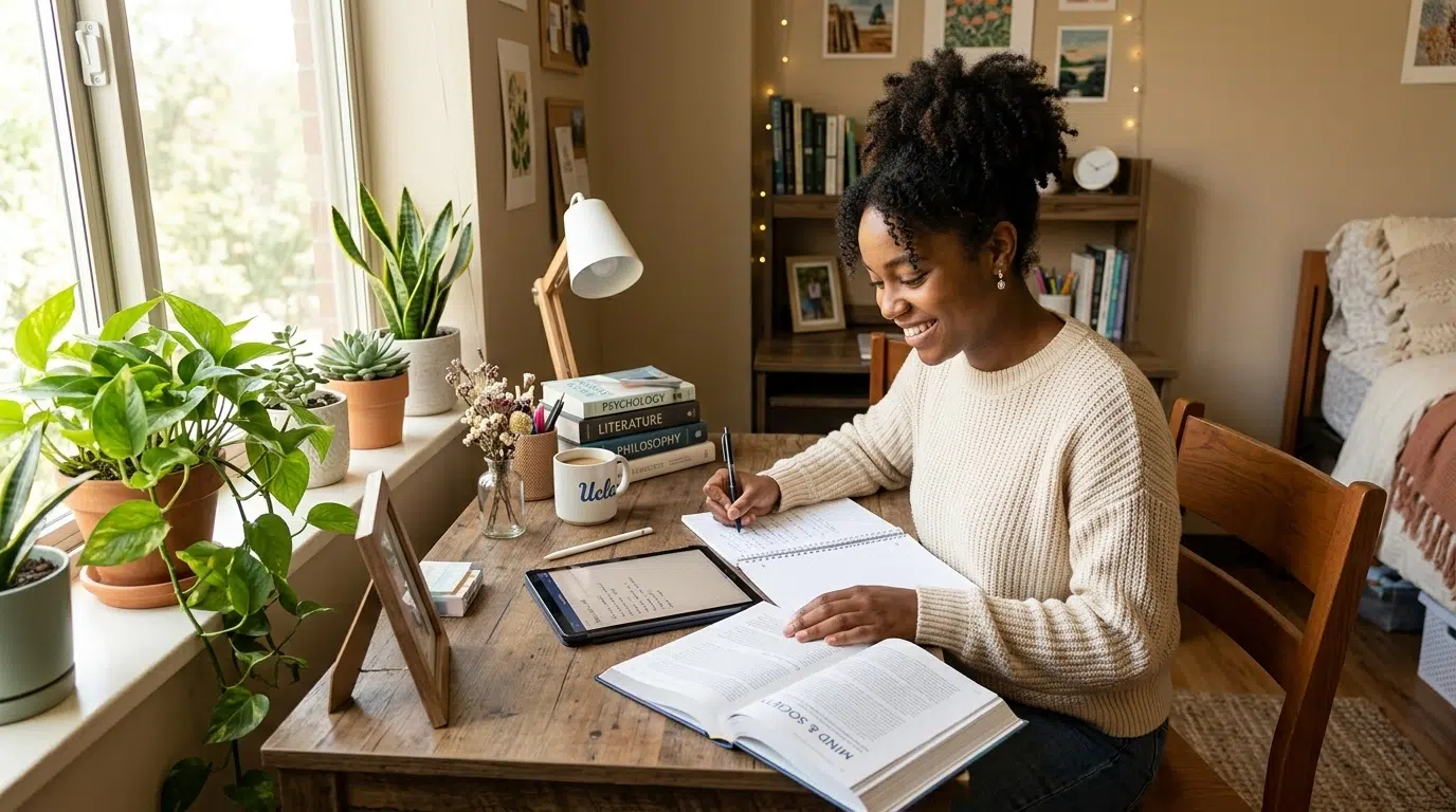 A high-quality photo of a diverse student in a cozy modern dorm-style study corner with an organized desk, plants, tablet, and notebook.