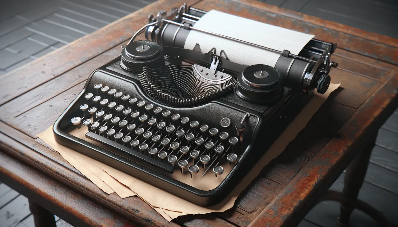 A vintage black typewriter sits on a rustic wooden table with sheets of paper beneath it, ready for typing.
