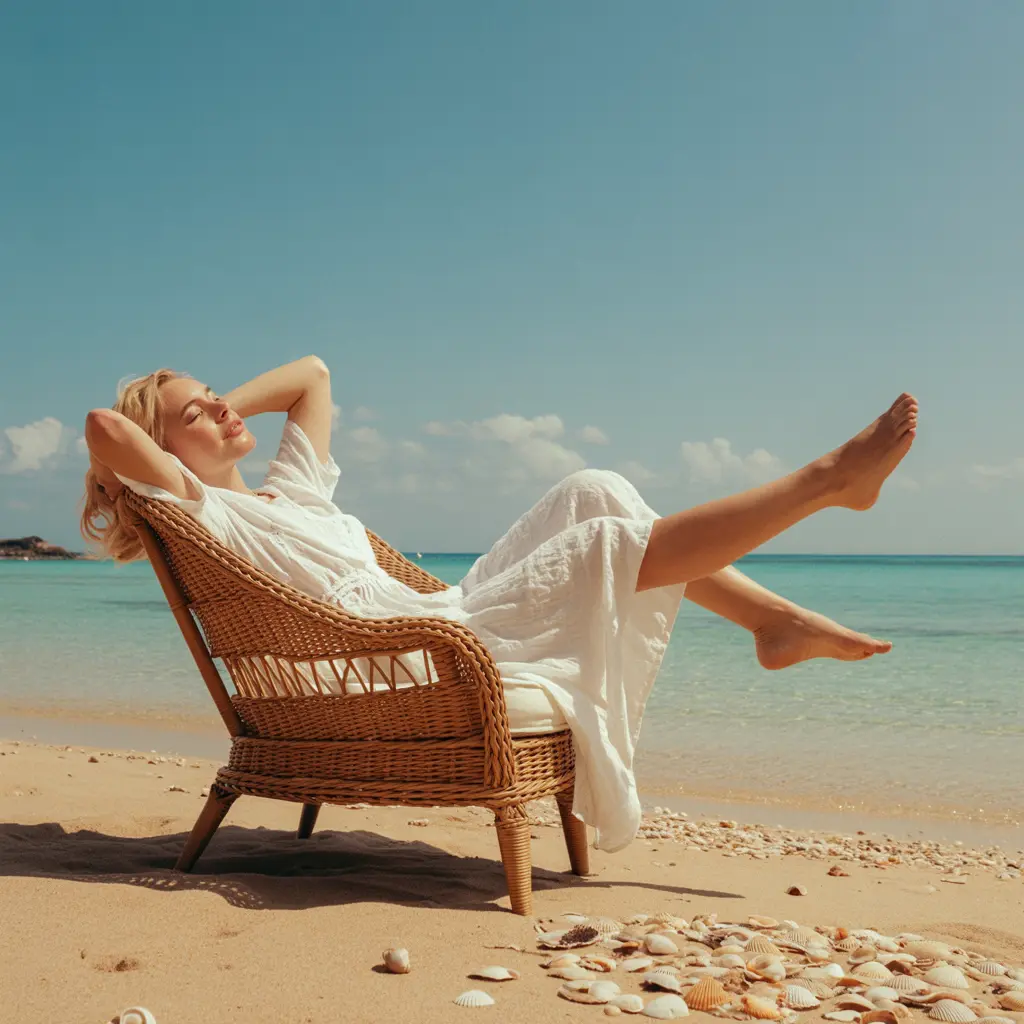 A woman in a white dress relaxes on a wicker chair at the beach, smiling with her arms behind her head and feet up, surrounded by seashells, under a sunny blue sky.