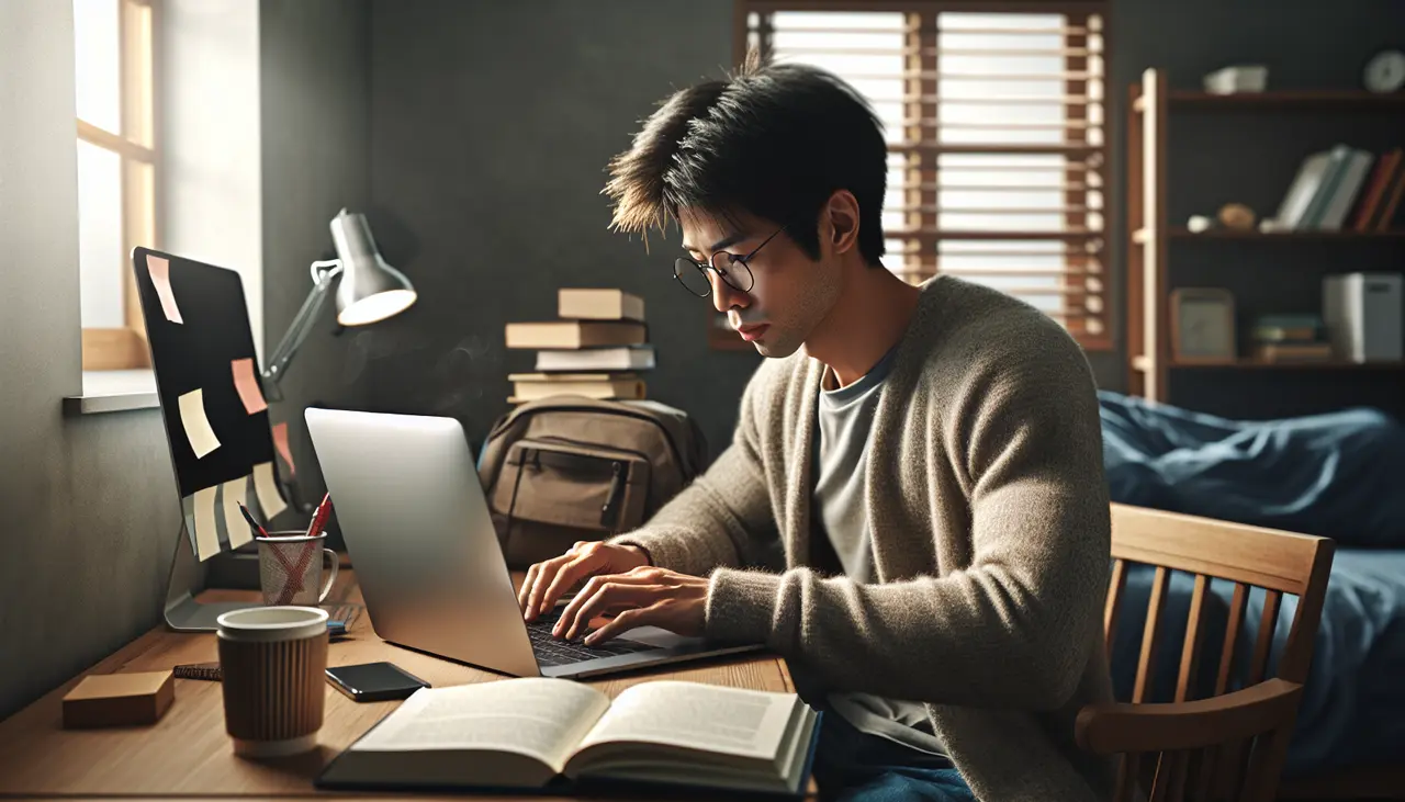 A young man wearing glasses works on a laptop at a desk with books, a notepad, and a coffee cup in a cozy, sunlit room. A backpack and a bed are visible in the background.