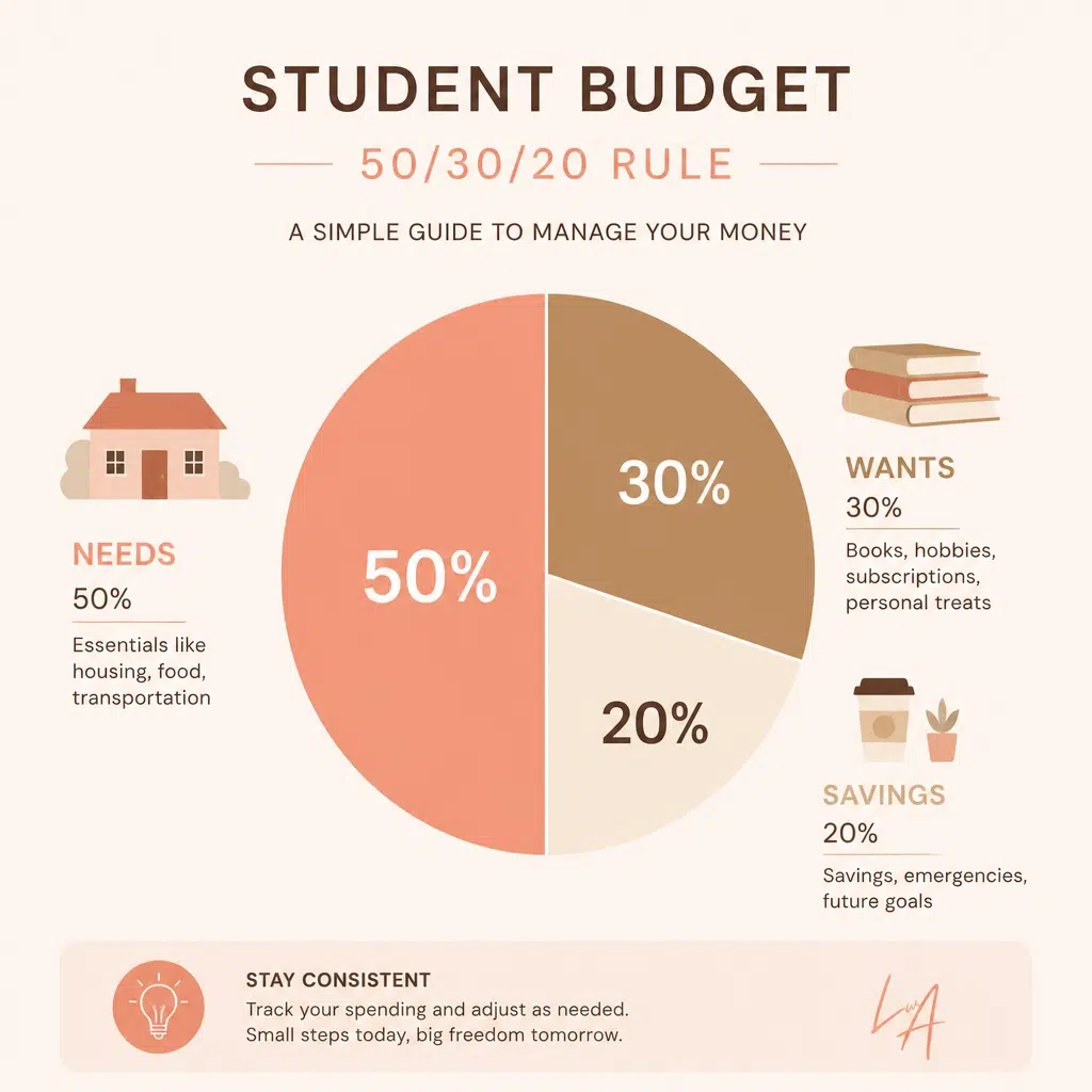 A visual budget breakdown showing 50/30/20 allocation for students.