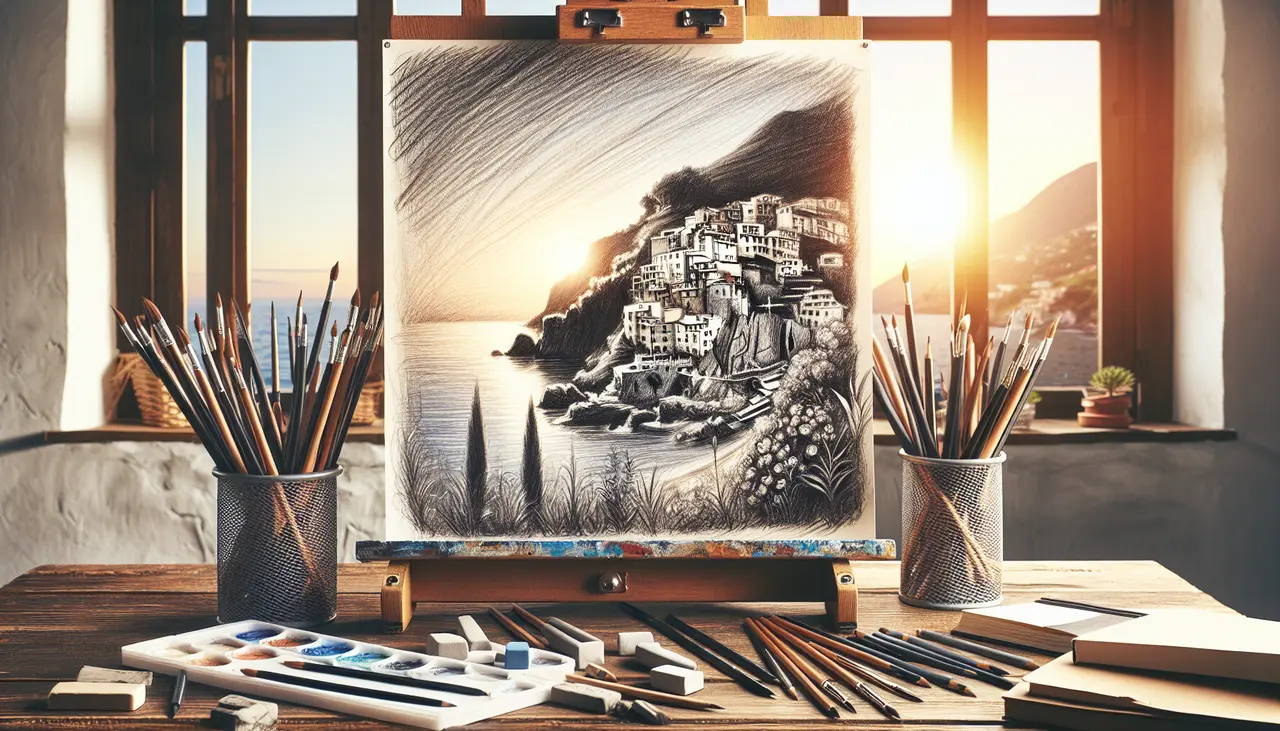 A sketch of a coastal village on an easel sits on a wooden desk, surrounded by drawing tools and watercolor paints. Sunlight streams through windows behind, illuminating the artistic workspace.
