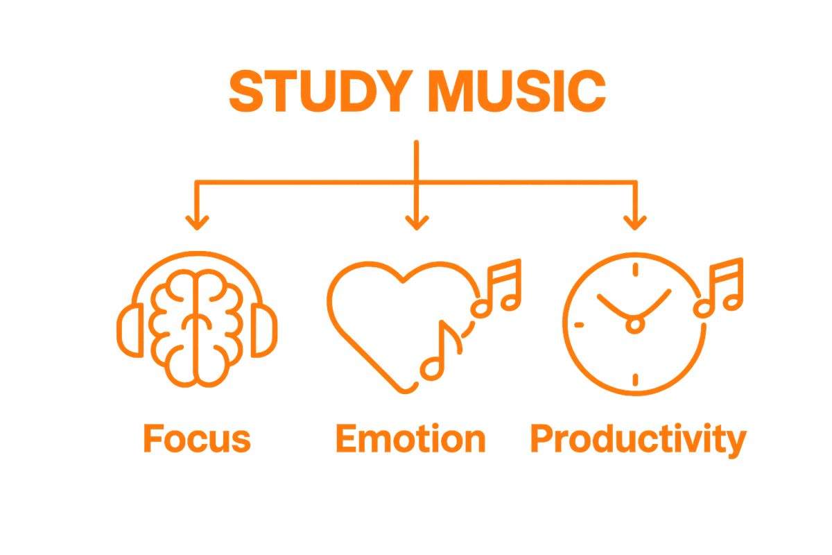 Infographic comparing study music benefits: focus, emotion, and productivity.