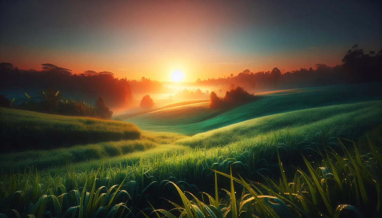 Sunrise over lush, rolling green hills with tall grass in the foreground, mist in the valleys, and trees silhouetted against a colorful sky.